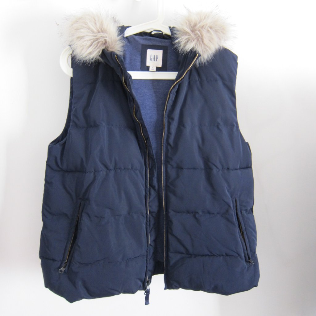 Gap Puffer Down Vest Faux Fur Collar Navy Blue M